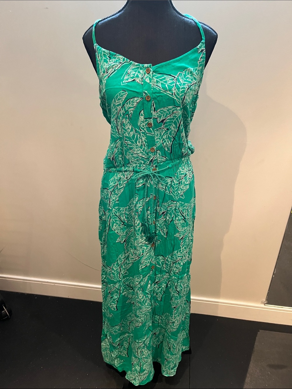 Roxy Emerald Green Leaf-Print Spaghetti-Strap Maxi Dress